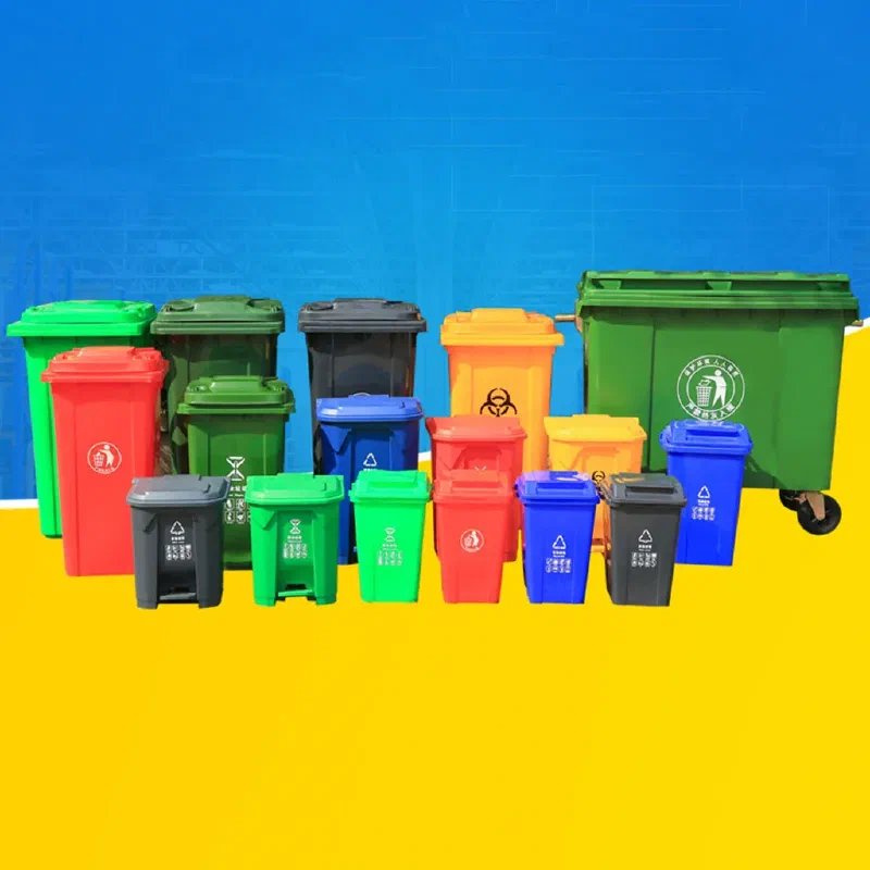 Assorted plastic waste bins in different colours; the colours and markings shown are examples, not a collection-service code
