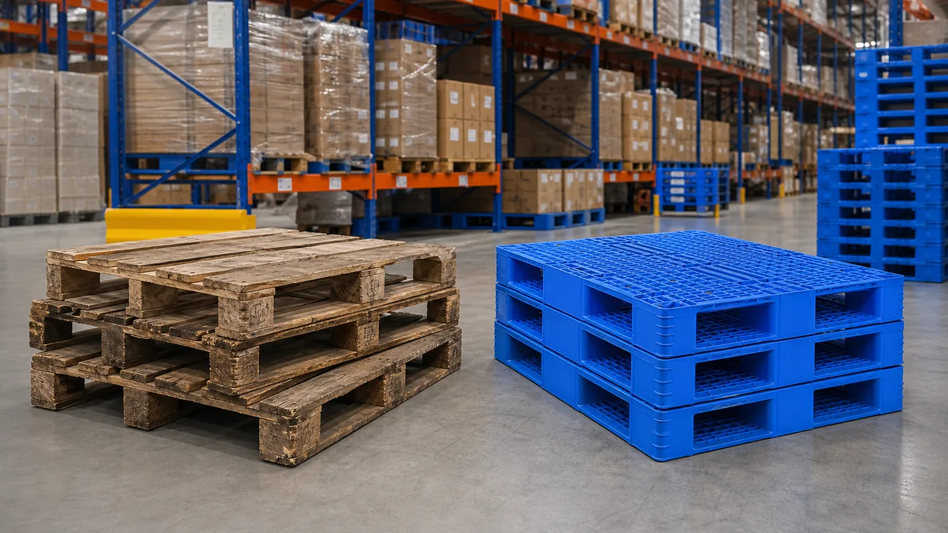 Warehouse team comparing wooden and plastic pallets before a handling upgrade