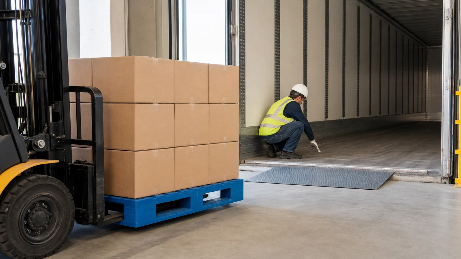 Une palette plastique bleue chargée de cartons à l'entrée d'une remorque sans marque, pendant qu'un cariste et un employé contrôlent le plancher