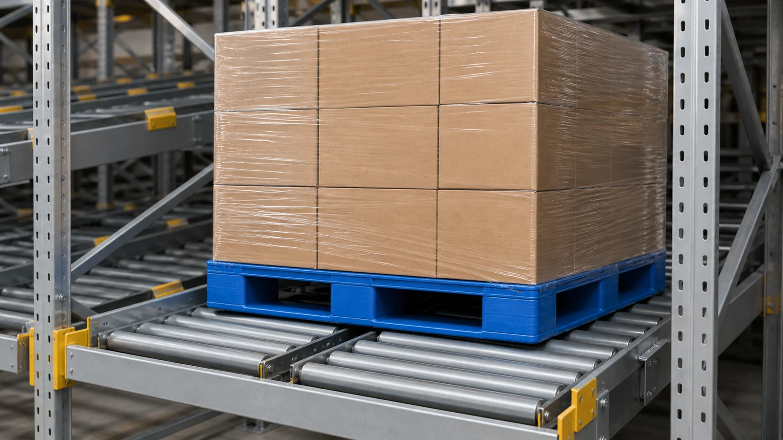 Une palette plastique bleue chargée de cartons filmés sur un couloir à rouleaux gravitaire
