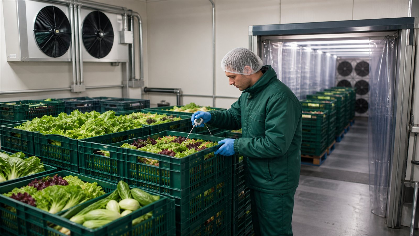 Un operario comprueba la temperatura de productos frescos en cajas plásticas ventiladas junto a un túnel de enfriamiento