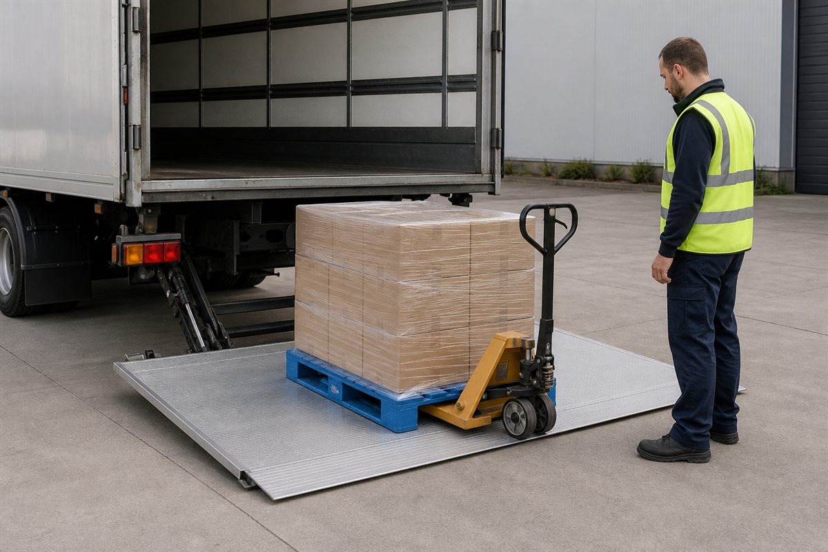 Operator checking a plastic pallet and manual pallet truck on a lowered vehicle tail-lift platform