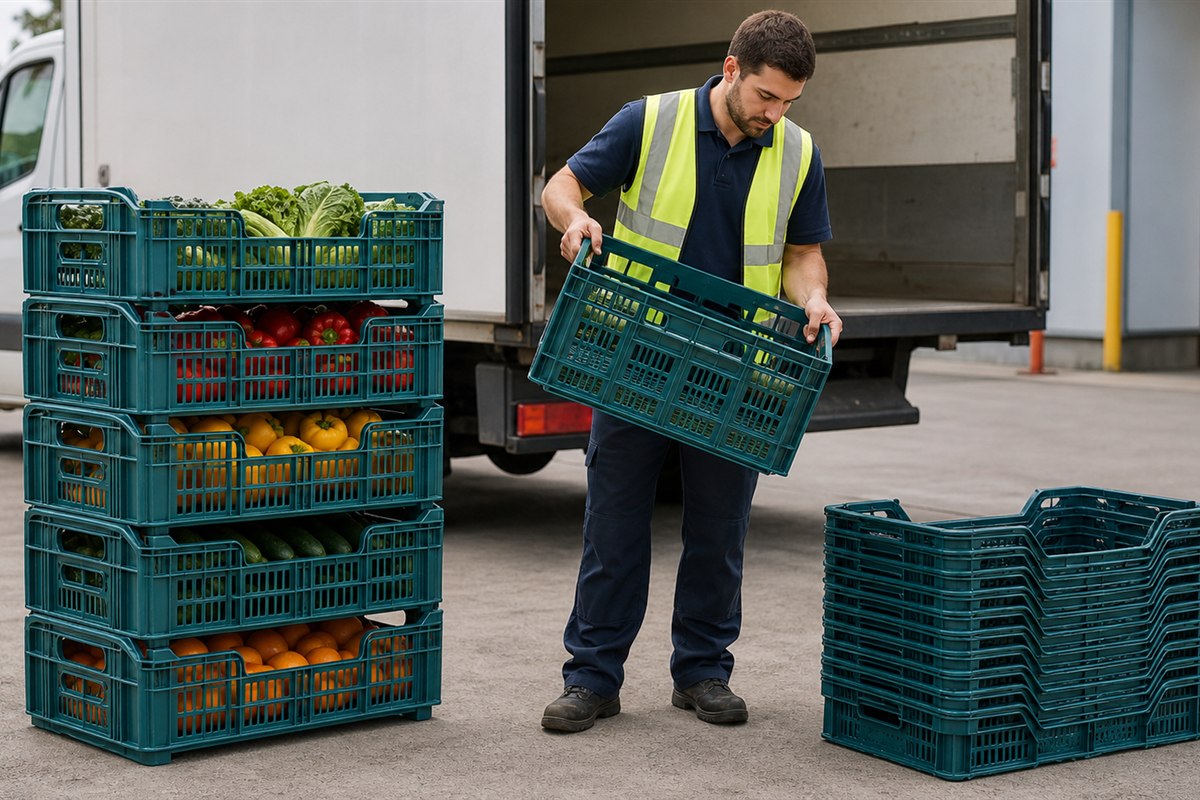 Worker turning a reusable produce crate between a filled stack and a nested empty stack