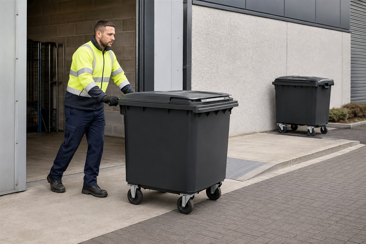 Covered four-wheel commercial waste bins beside a facility; the scene illustrates a handling context, not an approved cleaning method or exact Baoheng model