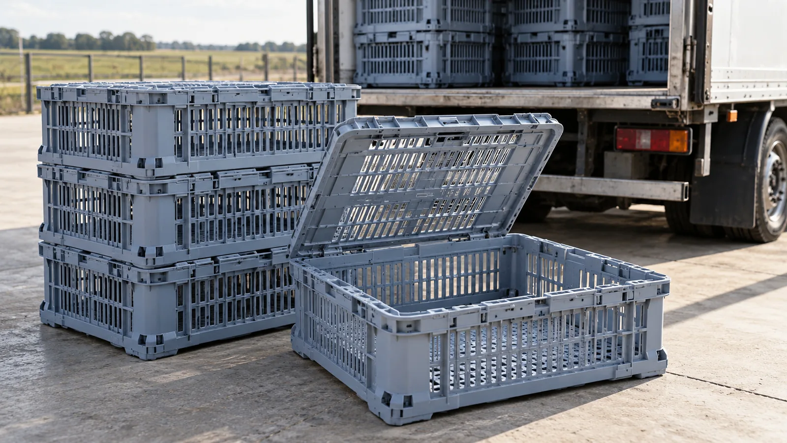Illustration of empty ventilated reusable poultry transport containers beside an unbranded livestock vehicle, with one container open for inspection
