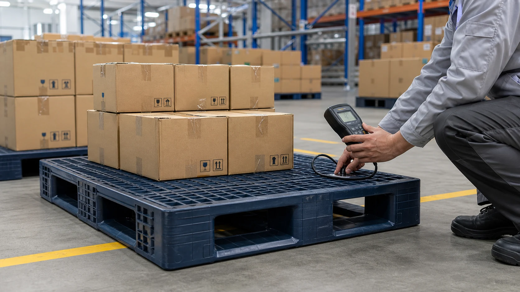 Warehouse operator checking an anti-static plastic pallet with a surface resistance meter